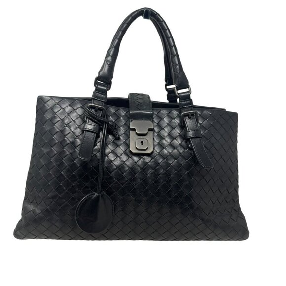 Bottega Veneta Handbags - Bottega Veneta Womens Woven Leather Intrecciato Roma Satchel Bag Handbag Black
